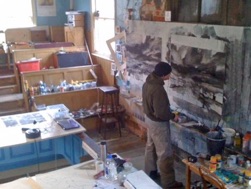 Rob Shaw painting in his studio in the old Wesleyan Chapel, Staithes